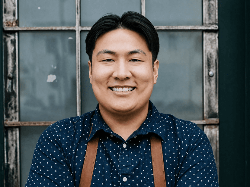 Chef Eric Pham, owner of Khue's Kitchen, standing with arms crossed and smiling in front of a rustic door.